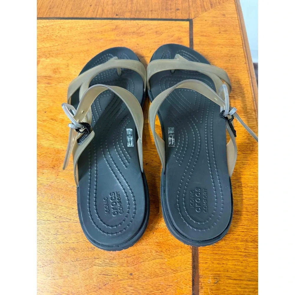 Crocs Tulum Translucent Toe Post Sandals Black Smoky Olive Womens 10 Flat Strap